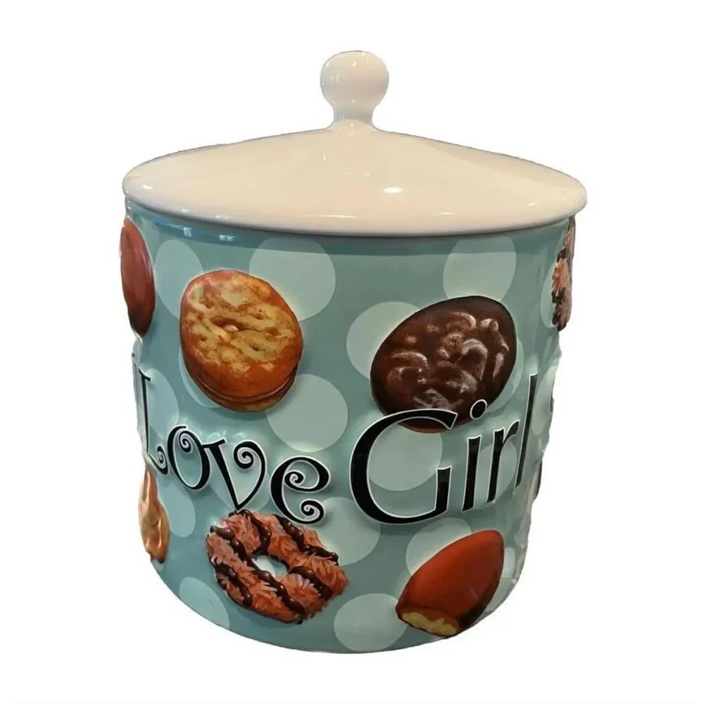 Y2K I Love Girl Scout Cookies Ceramic Jar With Lid Blue 3D Cookie Favorites 2006